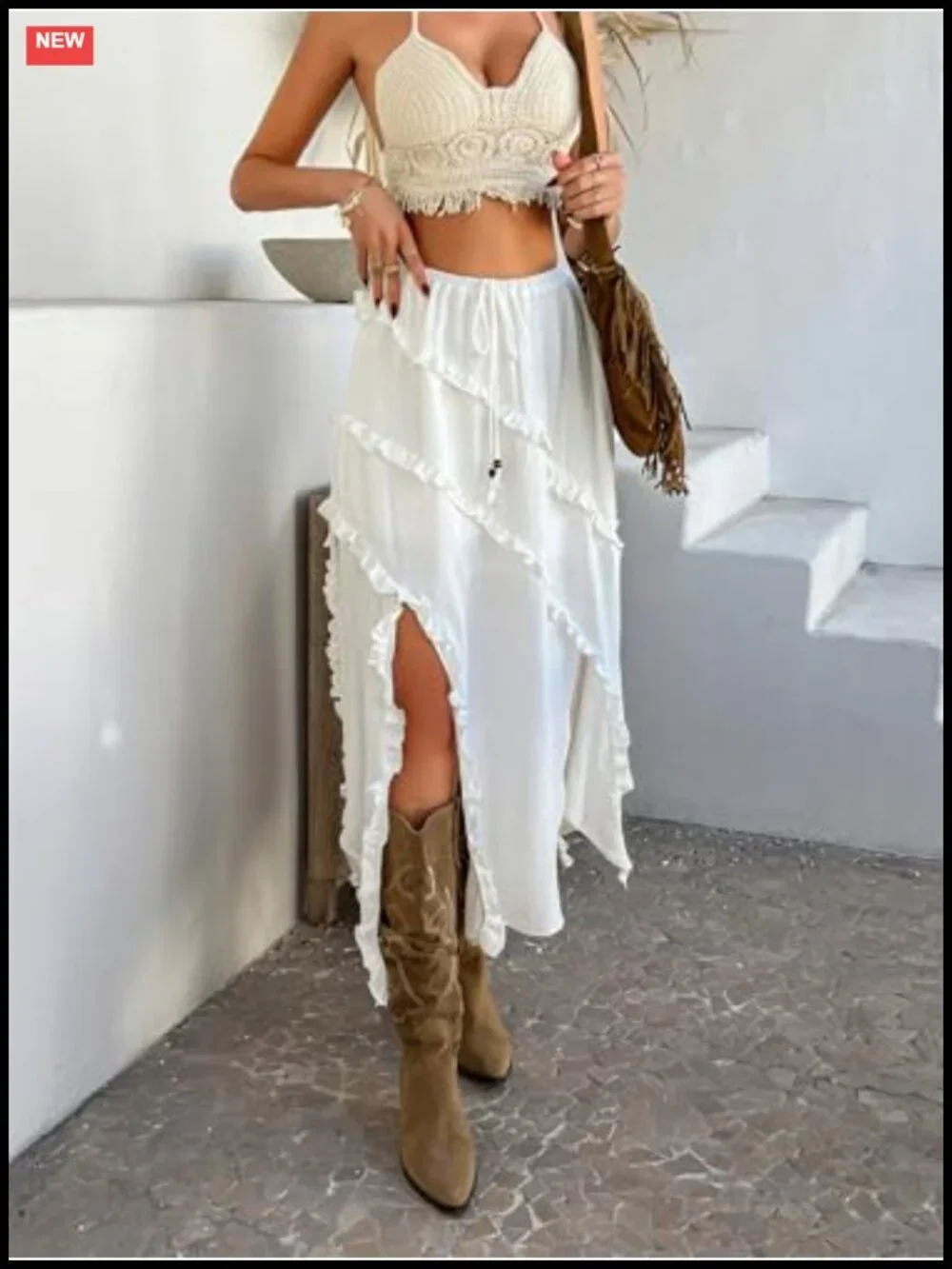 Women's High Waist Split Ruffle Midi Skirt Y2K Boho Drawstring Flow